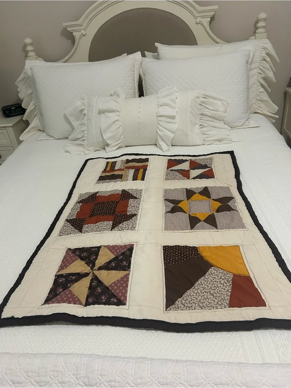 Handmade Patchwork Crib Quilt. Cream with Brown, Rust and Mustard Accent